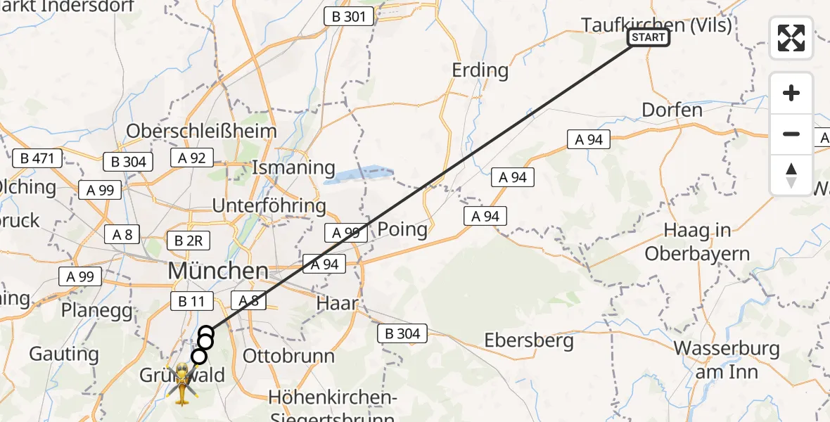 Flugroute Rettungshubschrauber Taufkirchen (Vils) - Grünwald, 22 Juni 2026, 14:43