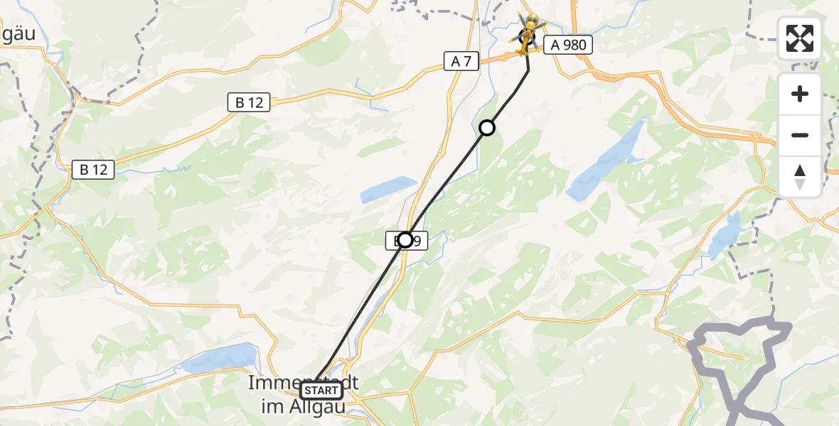Flugroute Rettungshubschrauber Immenstadt i.Allgäu - Kempten-Durach Flugplatz, 22 Juni 2026, 14:48