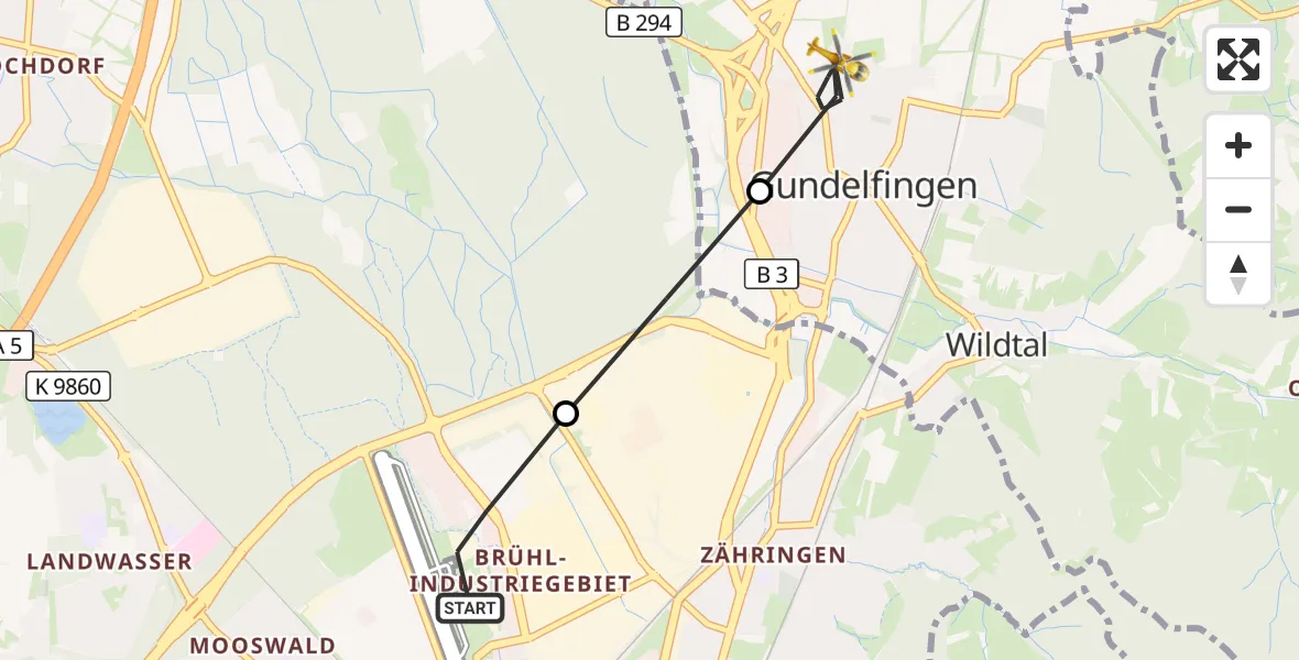 Flugroute Ambulanzhubschrauber Freiburg im Breisgau Flugplatz - Gundelfingen, 22 Juni 2026, 14:54