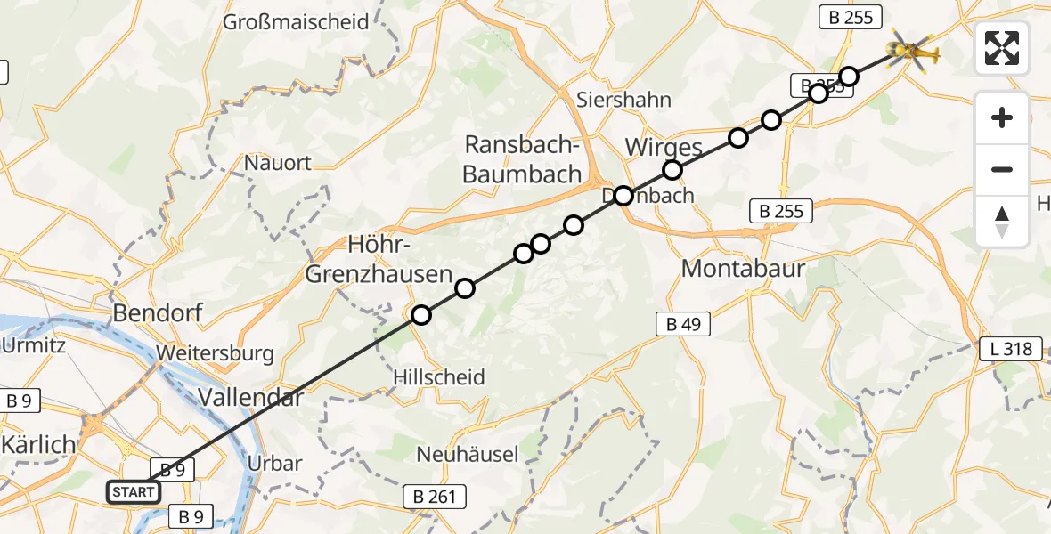 Flugroute Rettungshubschrauber Koblenz - Meudt, 22 Juni 2026, 14:58