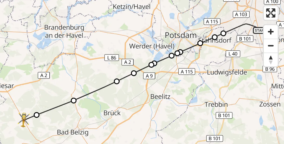 Flugroute Rettungshubschrauber Berlin - Görzke, 22 Juni 2026, 15:01