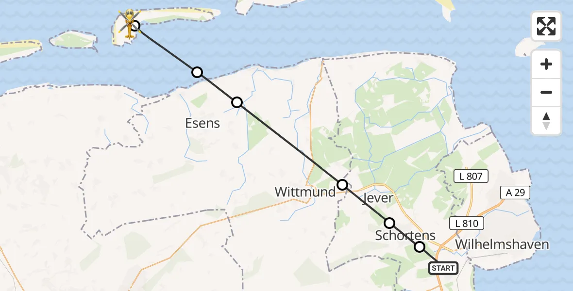 Flugroute Rettungshubschrauber Sande - Langeoog Flughafen, 22 Juni 2026, 15:09