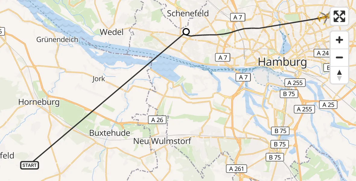 Flugroute Rettungshubschrauber Harsefeld - Hamburg Military Hospital, 22 Juni 2026, 15:13