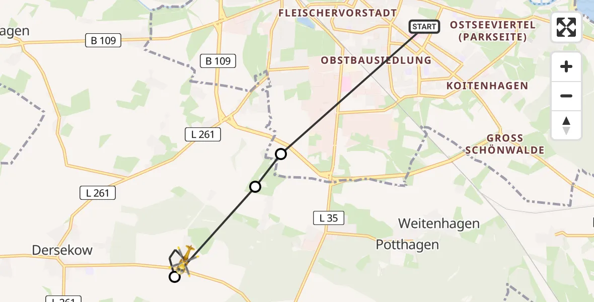 Flugroute Rettungshubschrauber Greifswald Hospital - Dersekow, 22 Juni 2026, 15:16