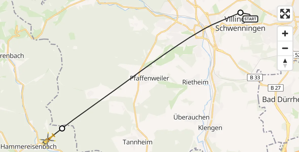 Flugroute Ambulanzhubschrauber DRF Air Rescue Station Villingen-Schwenningen Hubschrauberlandeplatz (Christoph 11) - Vöhrenbach, 22 Juni 2026, 15:24