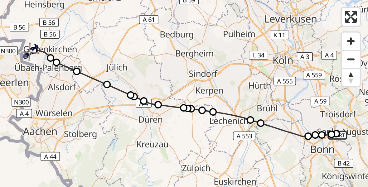 Flugroute Polizeihubschrauber Bonn-Hangelar Flugplatz - Militärflugplatz Geilenkirchen, 22 Juni 2026, 15:24