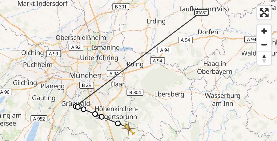 Flugroute Rettungshubschrauber Taufkirchen (Vils) - Aying, 22 Juni 2026, 15:25