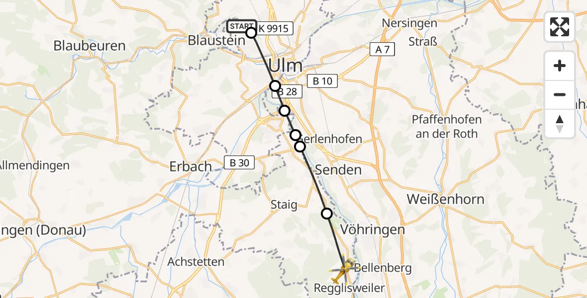 Flugroute Rettungshubschrauber Ulm Military Hospital Emergency - Illerrieden, 22 Juni 2026, 15:30