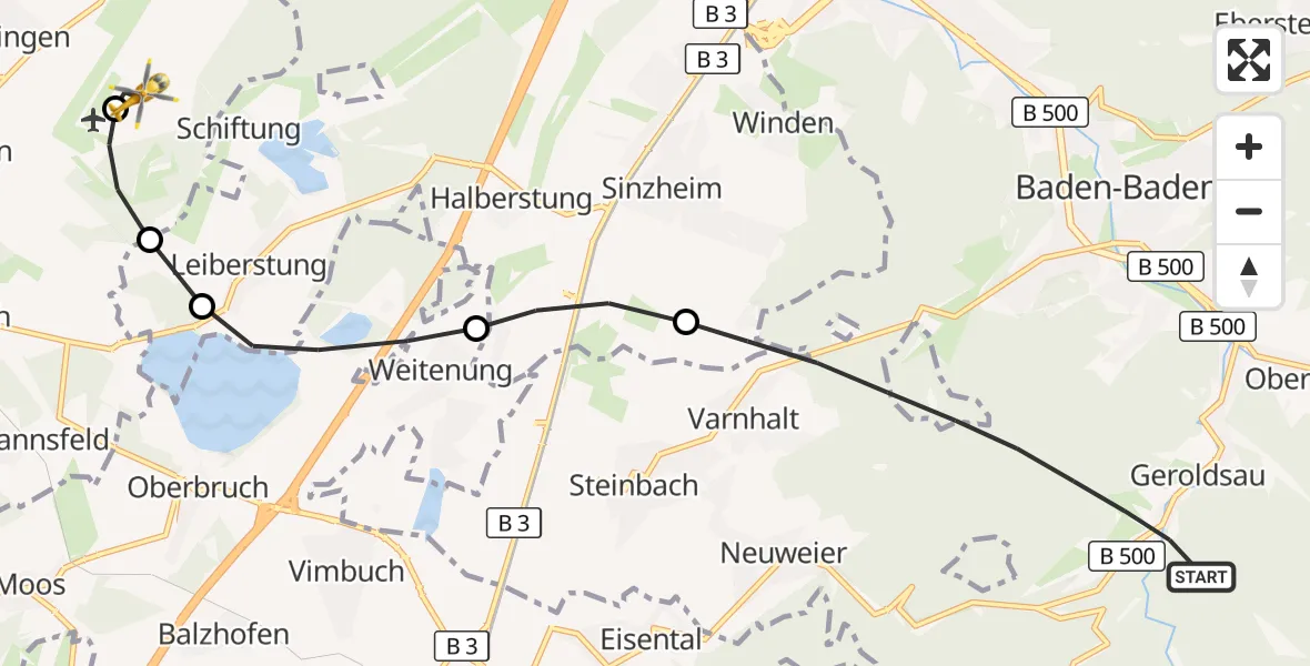 Flugroute Rettungshubschrauber Baden-Baden - Karlsruhe Baden-Baden Flughafen, 22 Juni 2026, 15:32