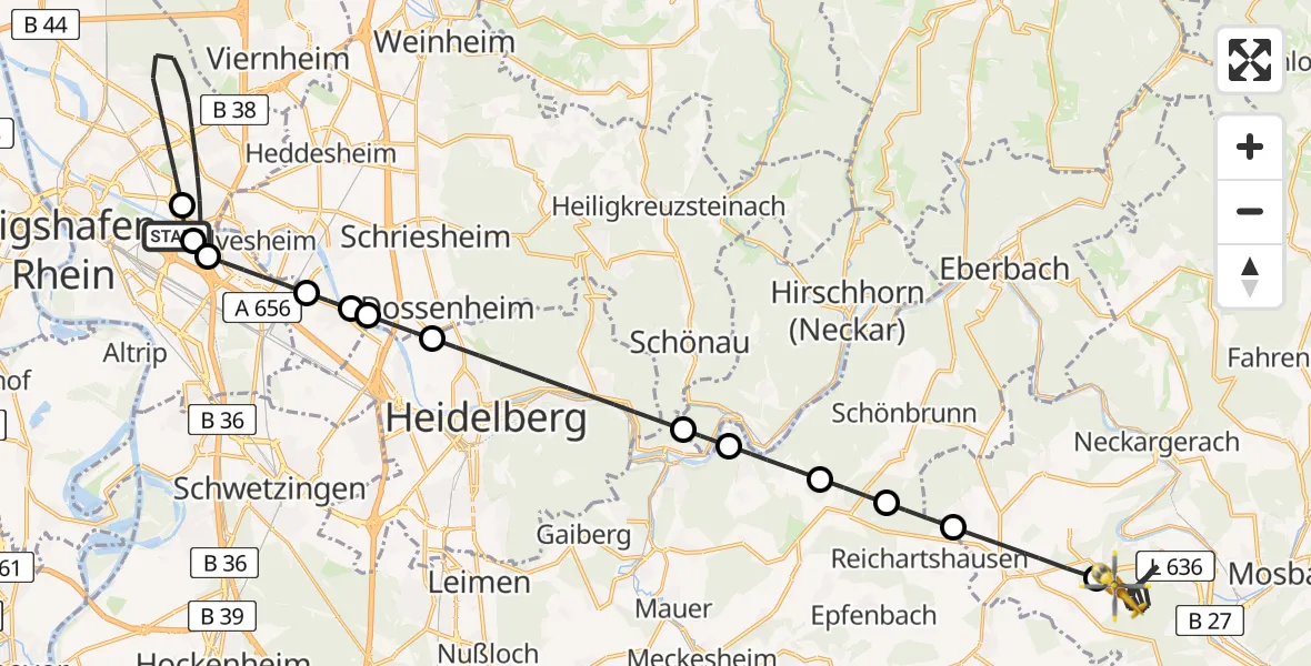 Flugroute Rettungshubschrauber Mannheim-City Flughafen - Obrigheim, 22 Juni 2026, 15:38
