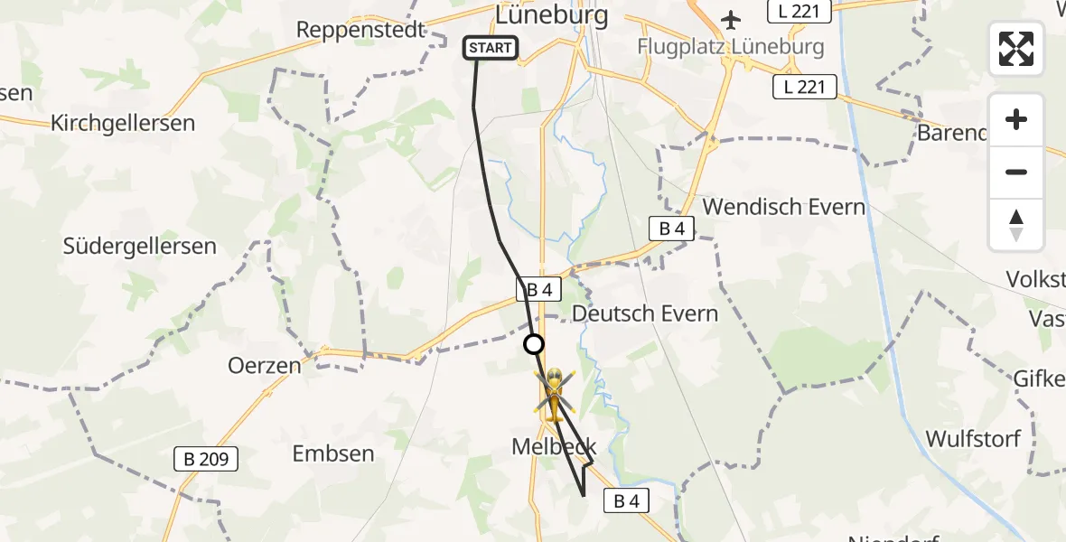 Flugroute Rettungshubschrauber Lüneburg - Melbeck, 22 Juni 2026, 15:39