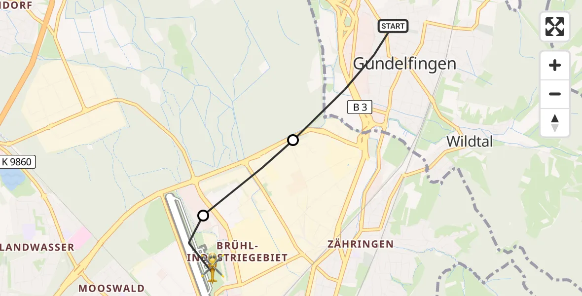 Flugroute Ambulanzhubschrauber Gundelfingen - Freiburg im Breisgau Flugplatz, 22 Juni 2026, 15:40