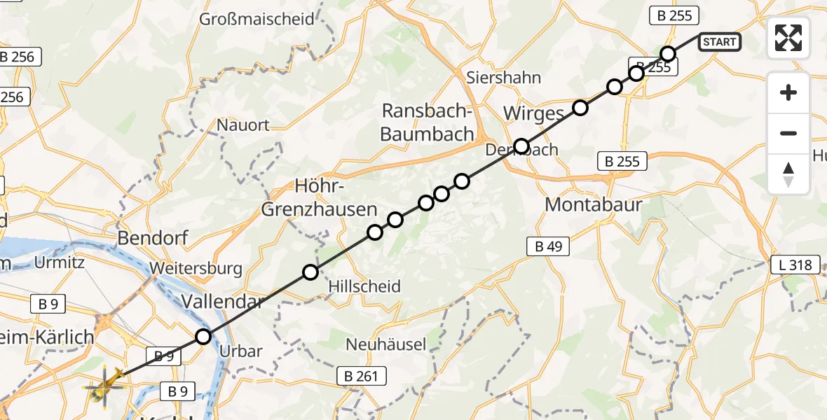Flugroute Rettungshubschrauber Meudt - Koblenz, 22 Juni 2026, 15:41