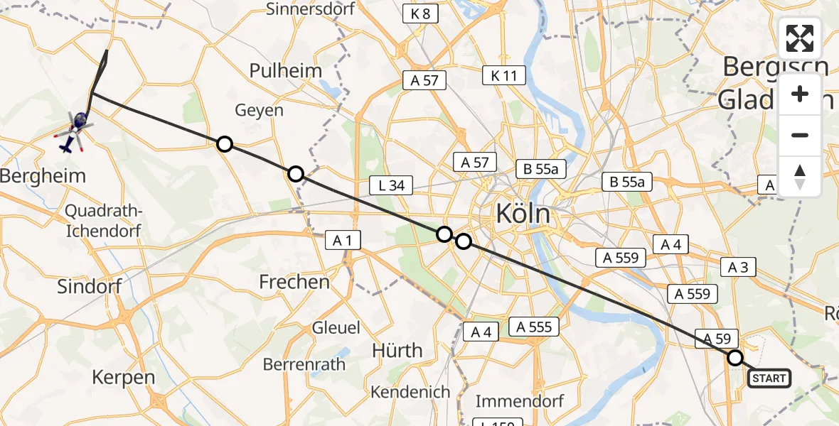 Flugroute Polizeihubschrauber Köln Bonn Flughafen - Bergheim, 22 Juni 2026, 15:41