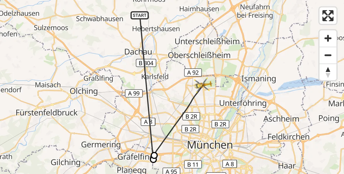 Flugroute Rettungshubschrauber Röhrmoos - München, 22 Juni 2026, 15:42