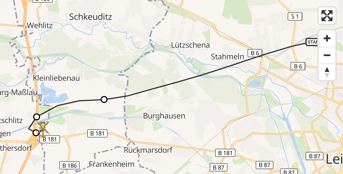 Flugroute Rettungshubschrauber Leipzig - ADAC Air Rescue Station Leipzig/Schkeuditz-Dölzig Hubschrauberlandeplatz (Christoph 61), 22 Juni 2026, 15:45