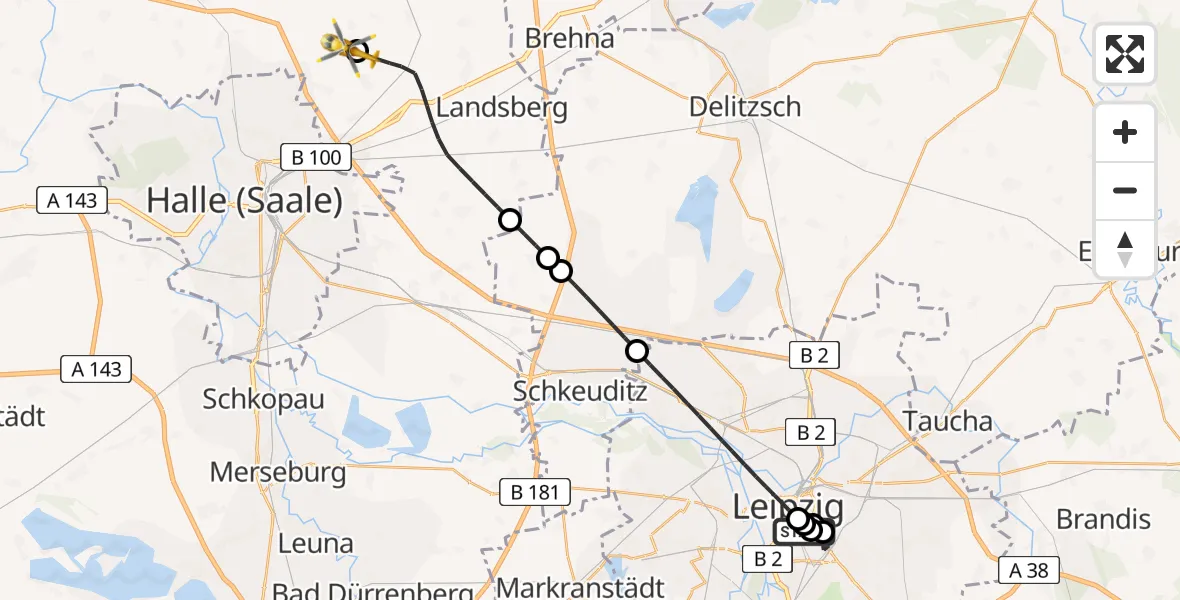 Flugroute Rettungshubschrauber Leipzig University Hospital Heliport 1 - Halle-Oppin Flugplatz, 22 Juni 2026, 15:46