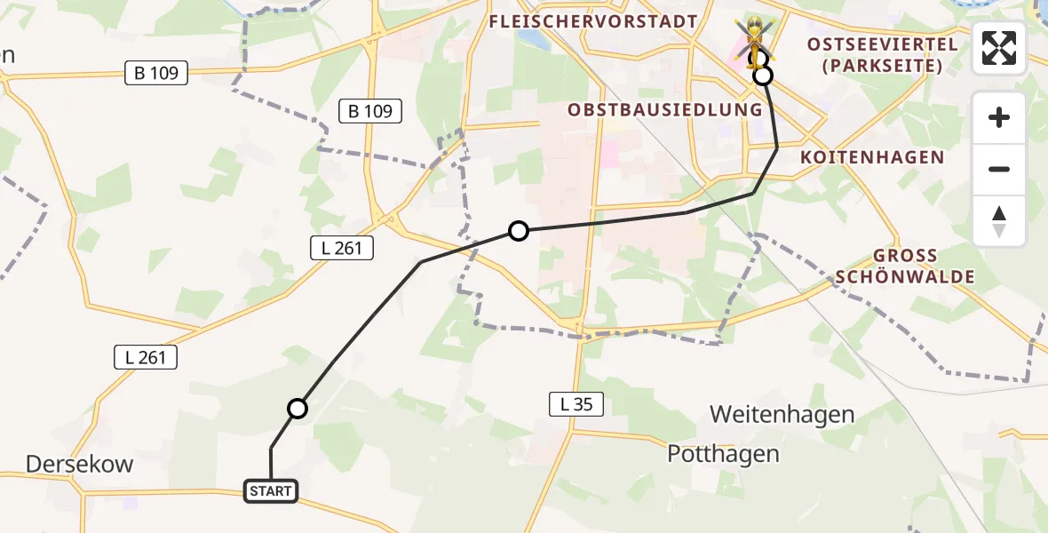 Flugroute Rettungshubschrauber Dersekow - Greifswald Hospital, 22 Juni 2026, 15:54
