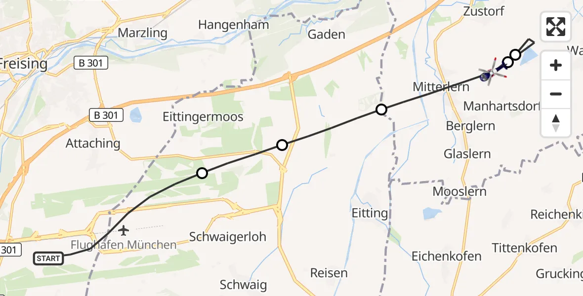 Flugroute Polizeihubschrauber München Flughafen - Berglern, 22 Juni 2026, 15:54