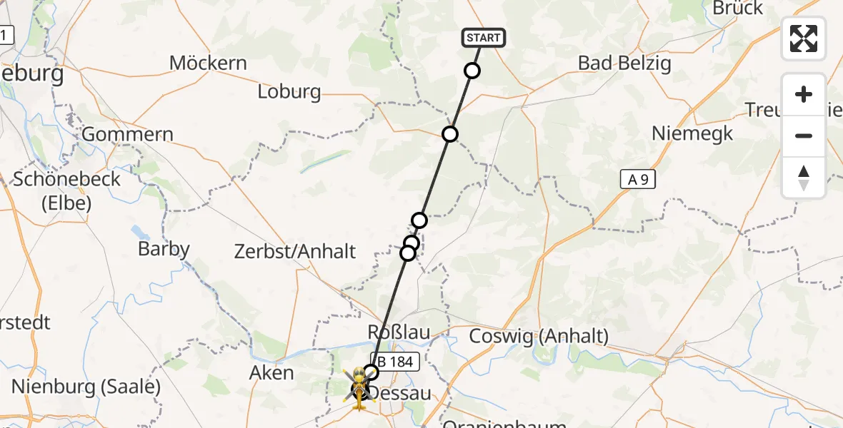 Flugroute Rettungshubschrauber Görzke - Dessau Flugplatz, 22 Juni 2026, 16:00