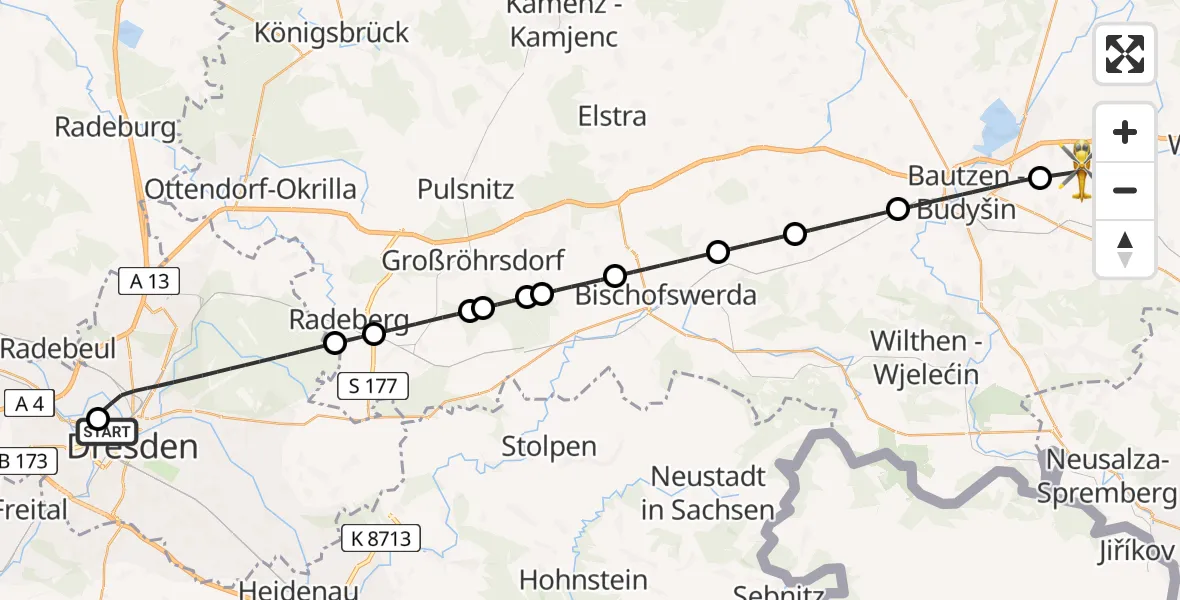 Flugroute Rettungshubschrauber Dresden Friedrichstadt Hospital - Bautzen Flugplatz, 22 Juni 2026, 16:01