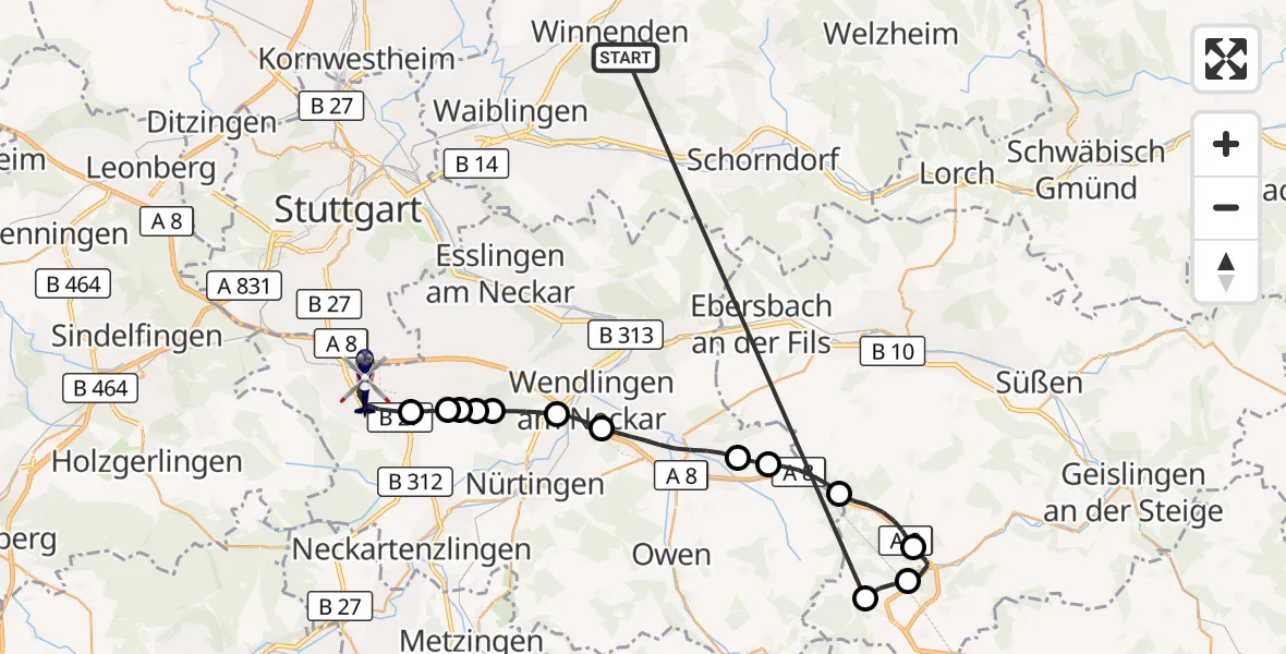 Flugroute Polizeihubschrauber Winnenden - Flughafen Stuttgart, 22 Juni 2026, 16:01