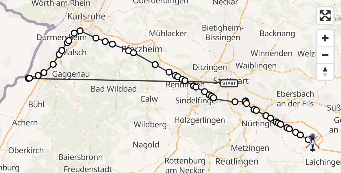 Flugroute Polizeihubschrauber Stuttgart - Wiesensteig, 22 Juni 2026, 16:03