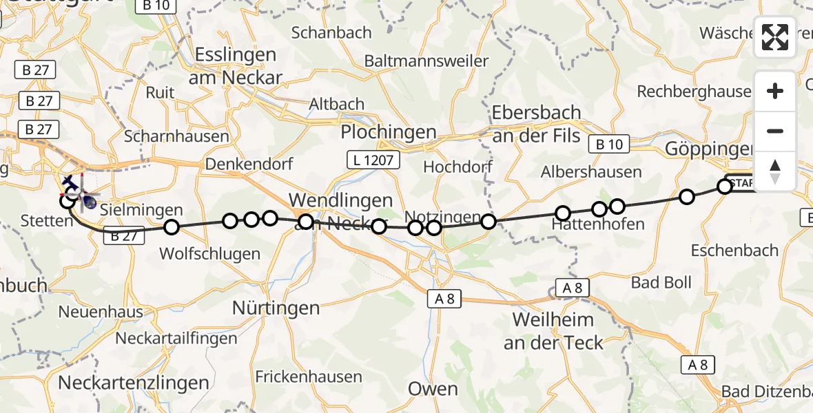 Flugroute Polizeihubschrauber Göppingen - Flughafen Stuttgart, 22 Juni 2026, 16:08
