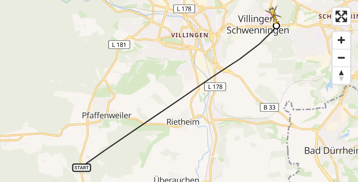 Flugroute Ambulanzhubschrauber Villingen-Schwenningen - DRF Air Rescue Station Villingen-Schwenningen Hubschrauberlandeplatz (Christoph 11), 22 Juni 2026, 16:12
