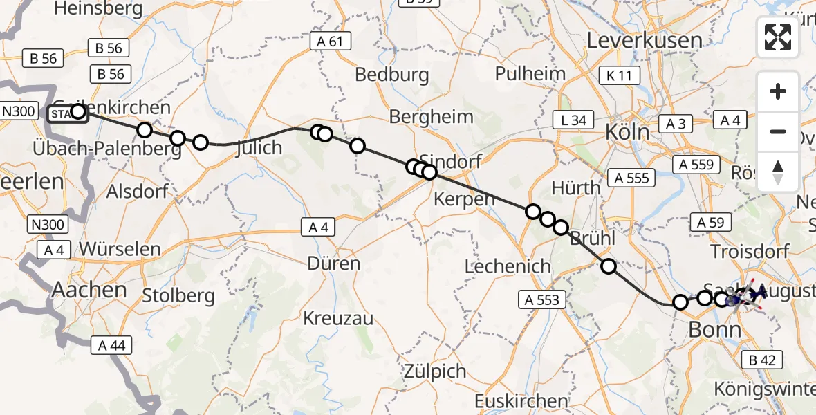Flugroute Polizeihubschrauber Militärflugplatz Geilenkirchen - Sankt Augustin, 22 Juni 2026, 16:13