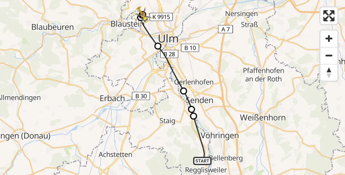 Flugroute Rettungshubschrauber Illerrieden - ADAC Air Rescue Station Ulm (Christoph 22), 22 Juni 2026, 16:15