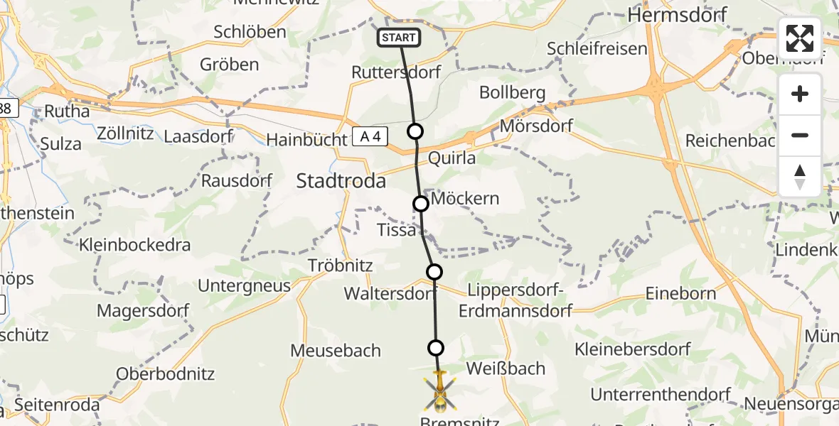 Flugroute Rettungshubschrauber Ruttersdorf-Lotschen - Bremsnitz, 22 Juni 2026, 16:19