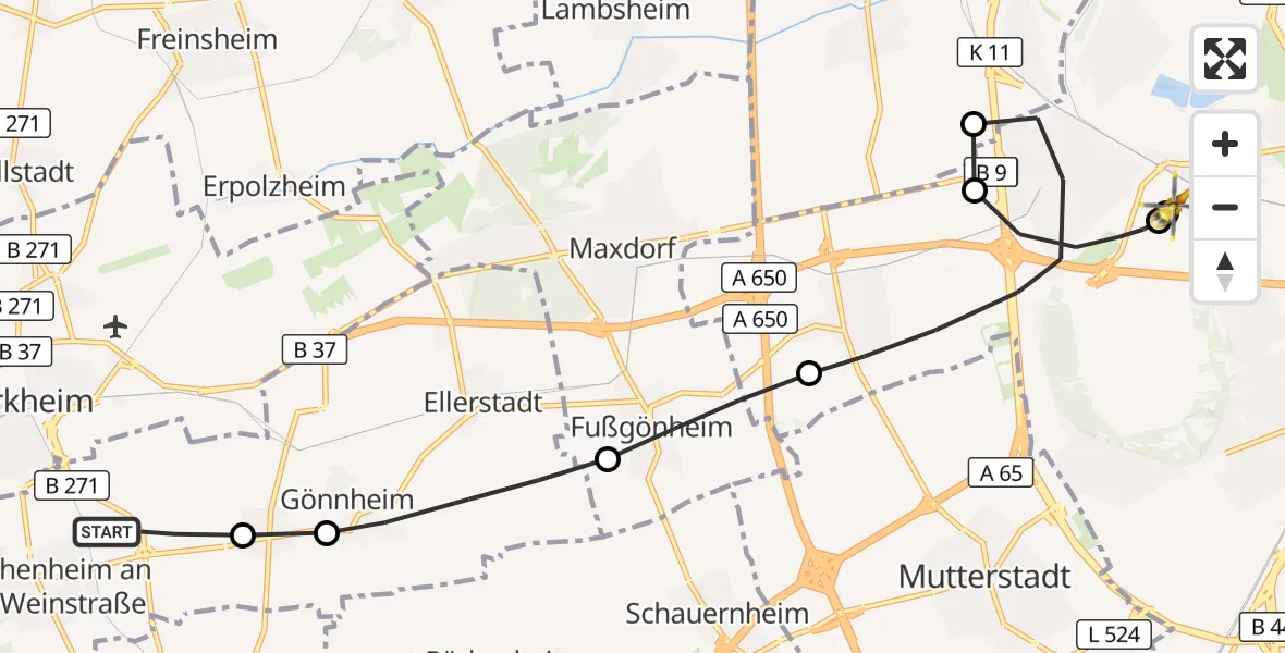 Flugroute Rettungshubschrauber Wachenheim an der Weinstraße - Ludwigshafen Accident Hospital, 22 Juni 2026, 16:22