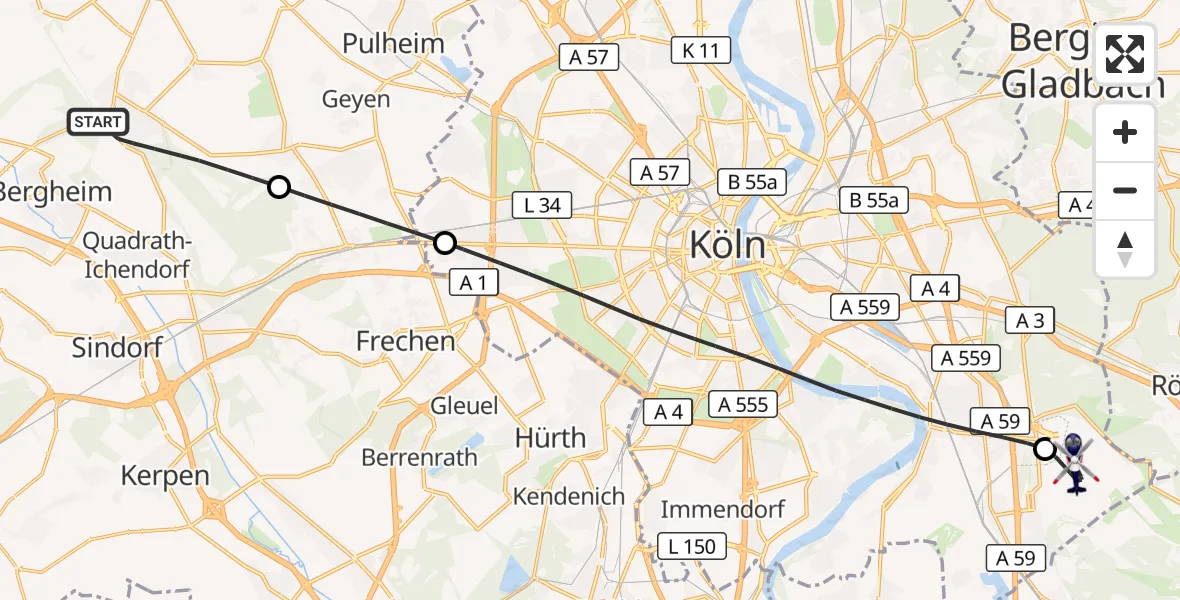 Flugroute Polizeihubschrauber Bergheim - Köln Bonn Flughafen, 22 Juni 2026, 16:24