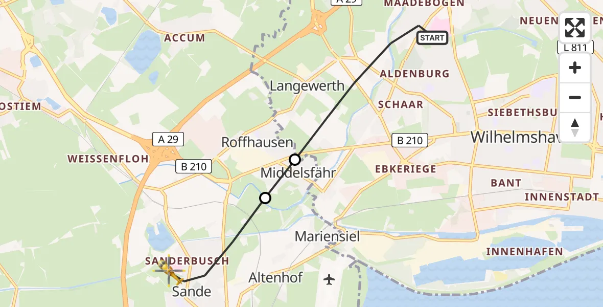 Flugroute Rettungshubschrauber Wilhelmshaven - Sande, 22 Juni 2026, 16:26