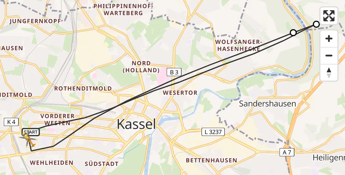 Flugroute Rettungshubschrauber Kassel - Kassel, 22 Juni 2026, 16:27