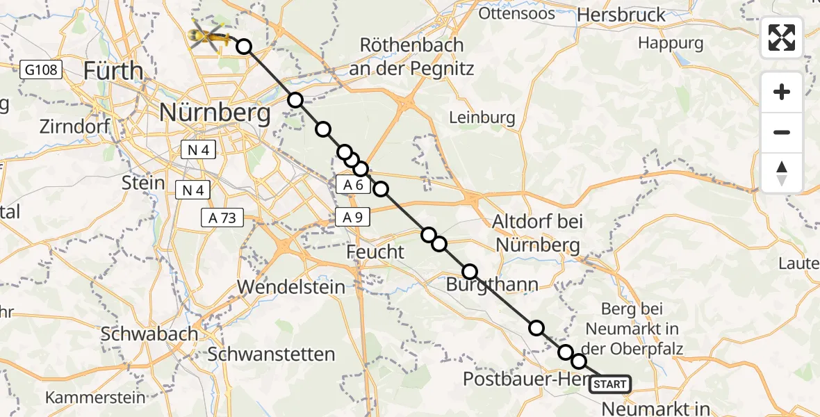 Flugroute Rettungshubschrauber Neumarkt i.d.OPf. - Flughafen Nuremberg, 22 Juni 2026, 16:27