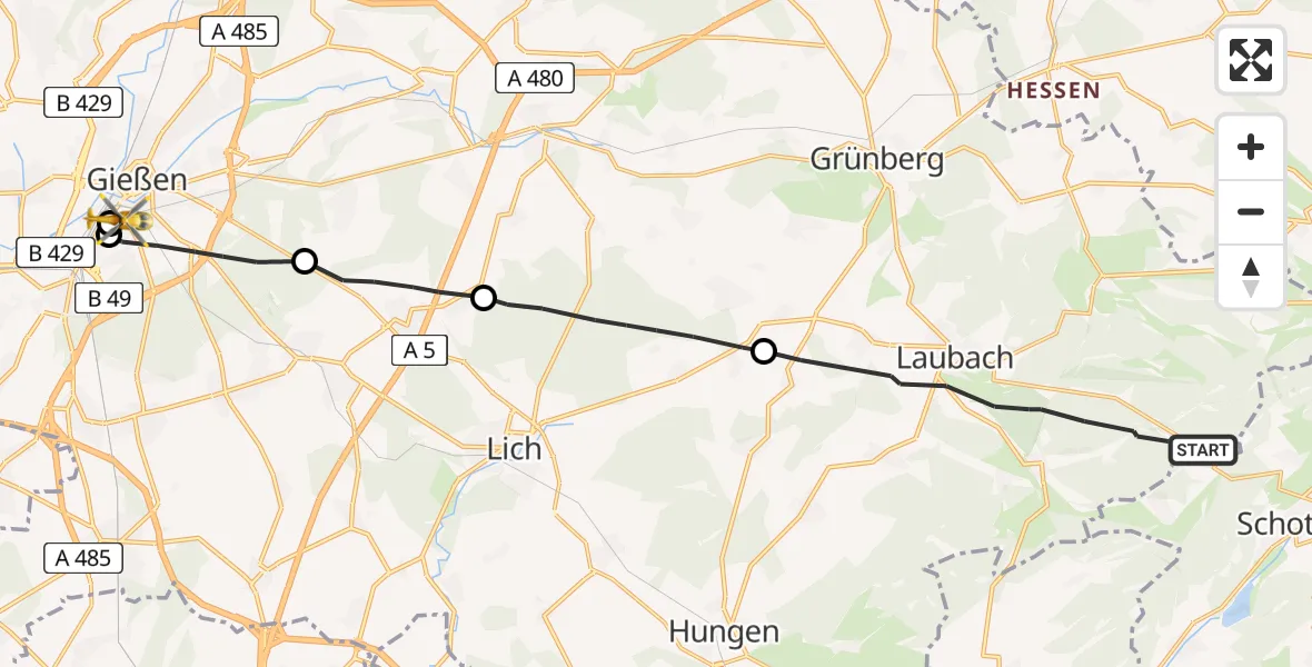 Flugroute Rettungshubschrauber Laubach - Gießen University Hospital, 22 Juni 2026, 16:29