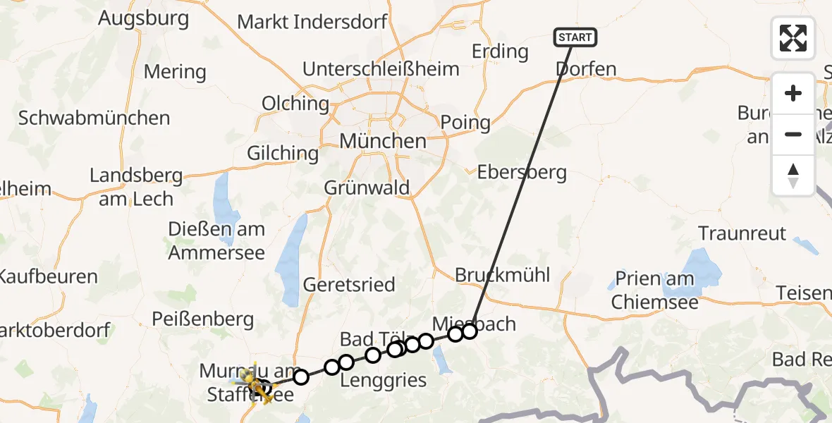 Flugroute Rettungshubschrauber Taufkirchen (Vils) - Murnau Accident Hospital Hubschrauberlandeplatz, 22 Juni 2026, 16:30