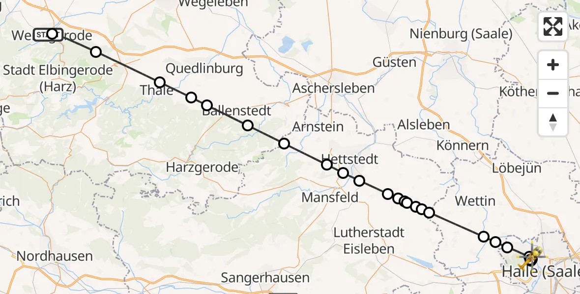 Flugroute Rettungshubschrauber Harz Hospital Wernigerode - Halle (Saale) University Hospital, 22 Juni 2026, 16:31