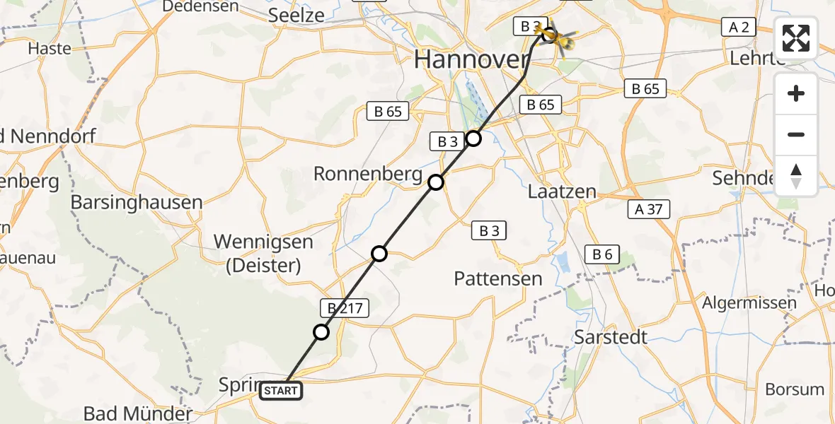 Flugroute Rettungshubschrauber Springe - Hannover Luftrettung Hubschrauberlandeplatz (Christoph 4), 22 Juni 2026, 16:33