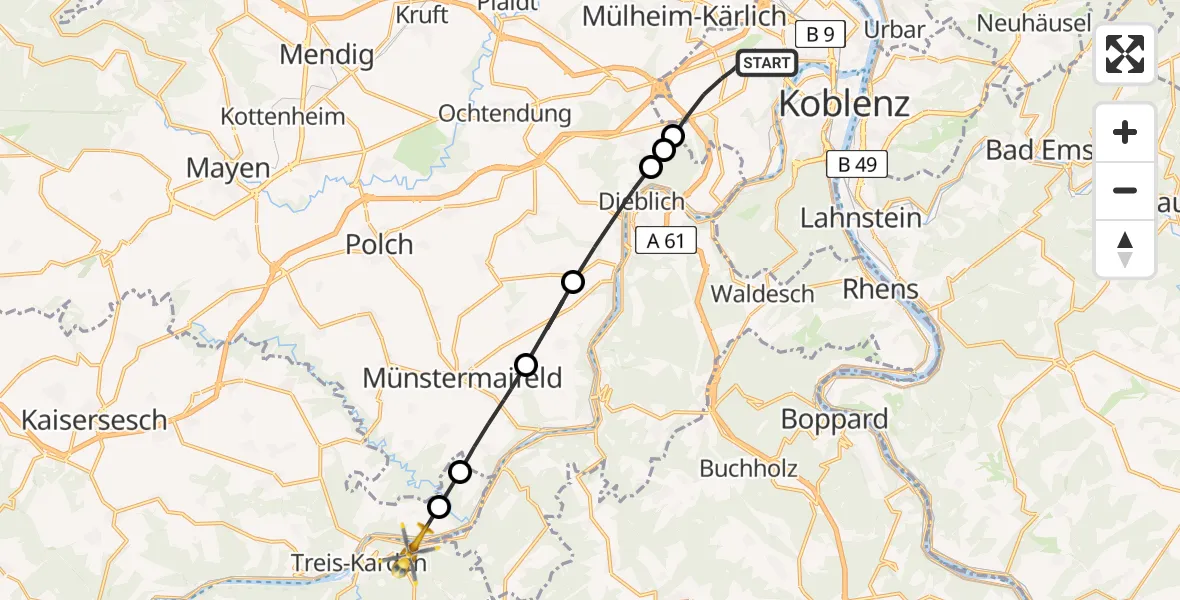 Flugroute Rettungshubschrauber Koblenz - Treis-Karden, 22 Juni 2026, 16:34