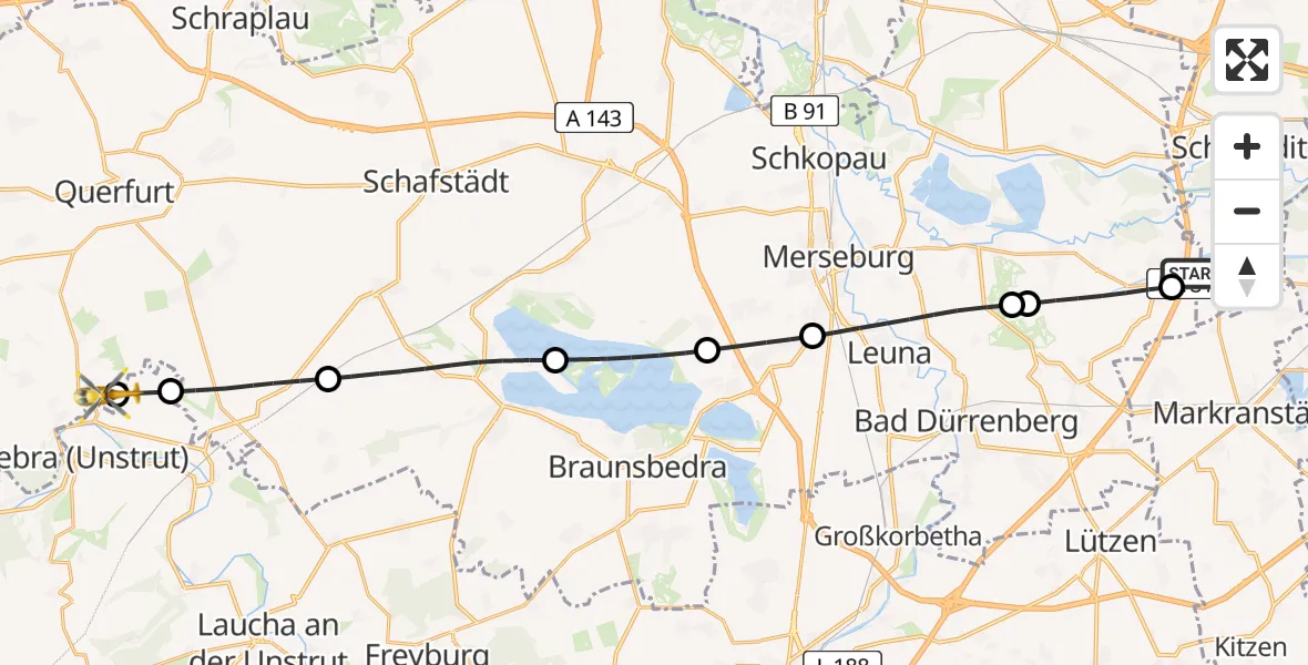Flugroute Rettungshubschrauber ADAC Air Rescue Station Leipzig/Schkeuditz-Dölzig Hubschrauberlandeplatz (Christoph 61) - Querfurt, 22 Juni 2026, 16:35