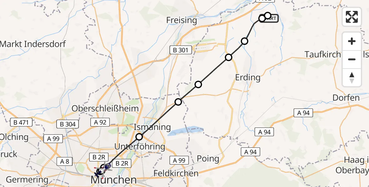 Flugroute Polizeihubschrauber Wartenberg - Deutsches Herzzentrum München, 22 Juni 2026, 16:37