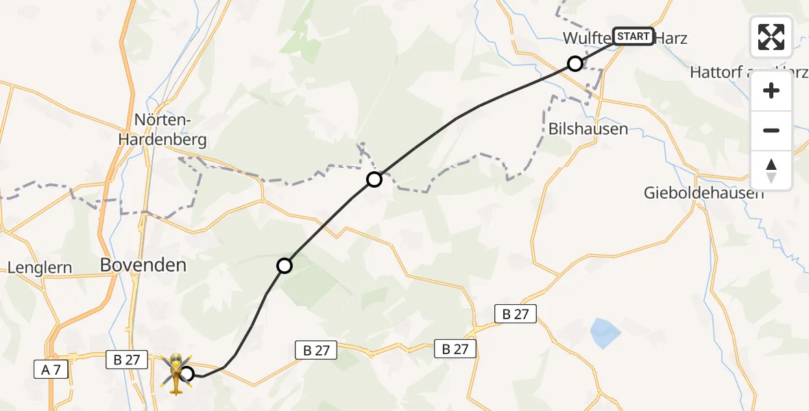 Flugroute Rettungshubschrauber Wulften am Harz - Göttingen University Clinic Hubschrauberlandeplatz, 22 Juni 2026, 16:38