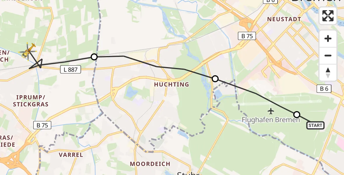 Flugroute Rettungshubschrauber Bremen - Delmenhorst, 22 Juni 2026, 16:42