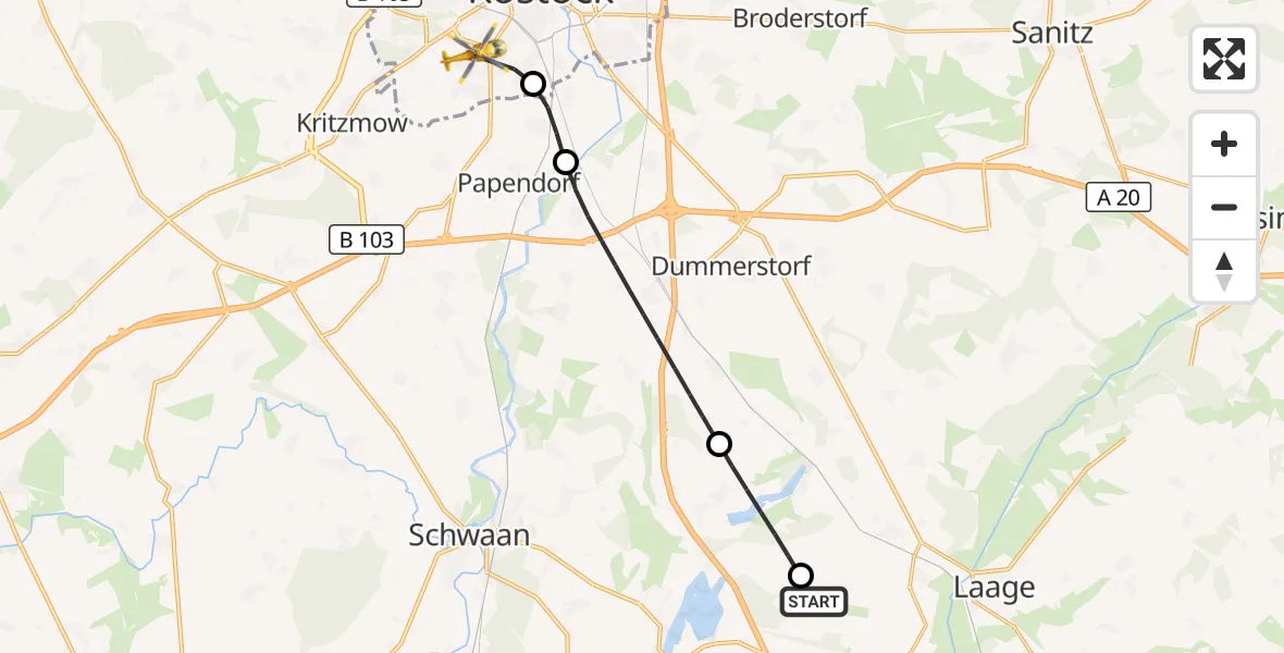 Flugroute Rettungshubschrauber Flughafen Rostock-Laage - Rostock, 22 Juni 2026, 16:42