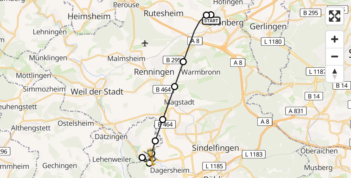 Flugroute Rettungshubschrauber Leonberg Hospital - Sindelfingen, 22 Juni 2026, 16:42