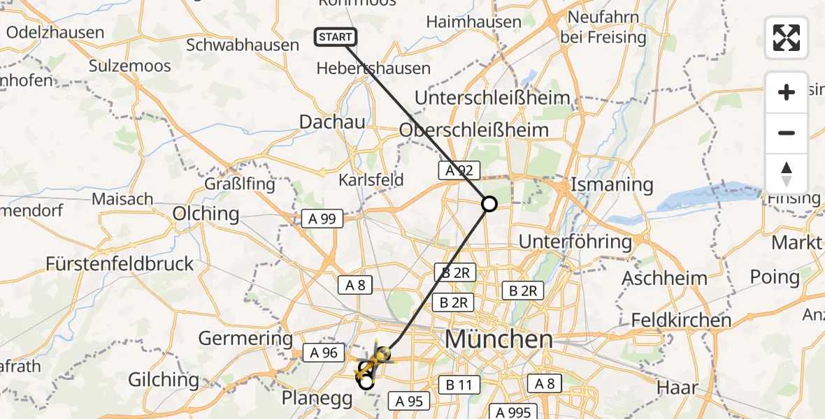 Flugroute Rettungshubschrauber Röhrmoos - München, 22 Juni 2026, 16:44