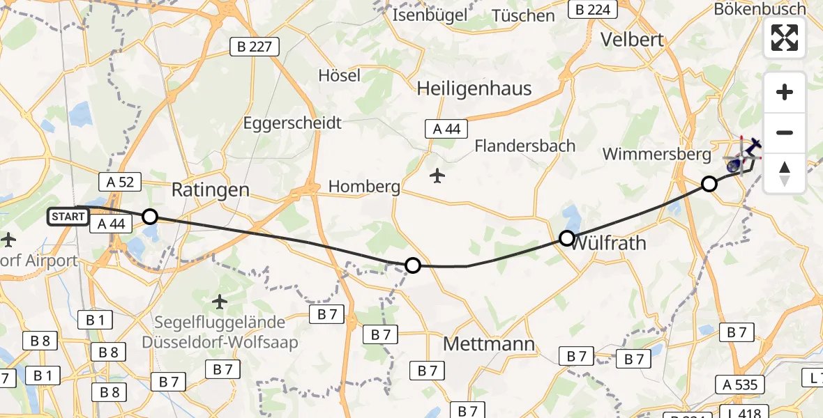 Flugroute Polizeihubschrauber Düsseldorf Flughafen - Velbert, 22 Juni 2026, 16:45